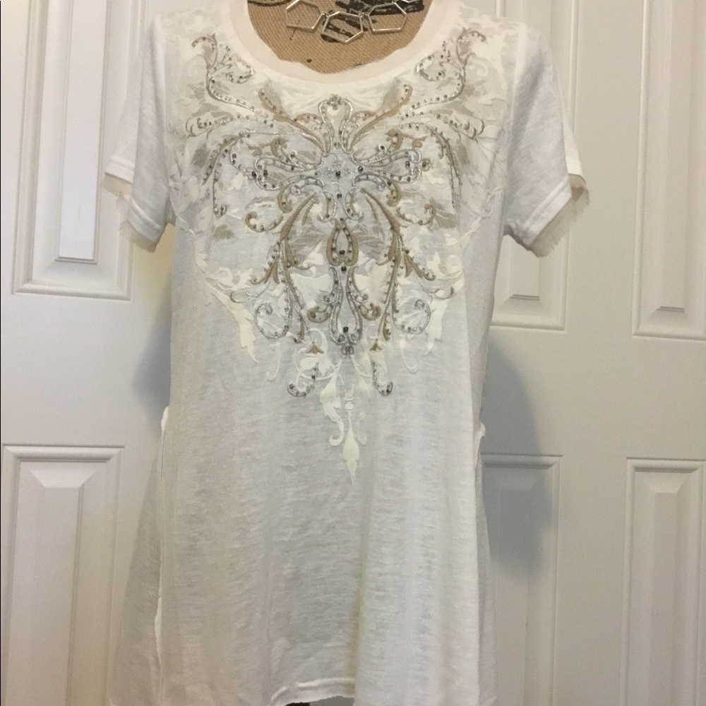 Miss Me Raw Hem Sheer Peplum Back Embellished Tee